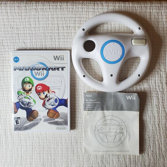 Mario Kart Wii W/ 1 OEM Official Steering Wheel Attachment Nintendo And Manuals - Picture 1 of 5